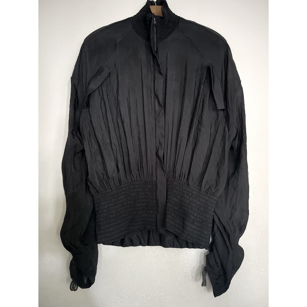 Miista Blouse Womens S Black Pleated High Neck Balloon Sleeve Zip Smocked Sheer